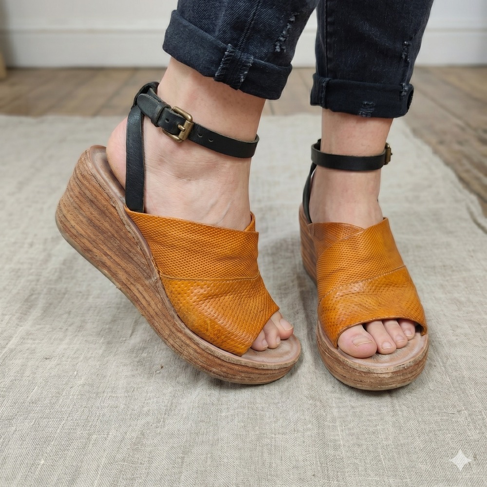 A.S.98 Textured Mustard Leather Wedge Sandals with Black Ankle Straps